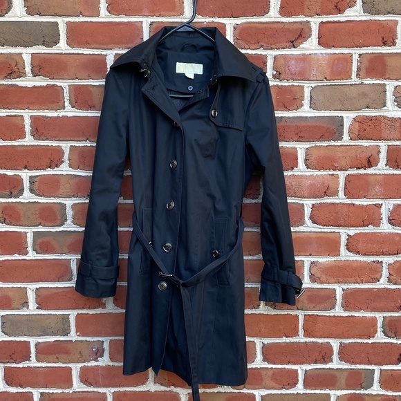 Black Michael Kors Button Up Belted Lined Jacket Trench Coat - Picture 1 of 14